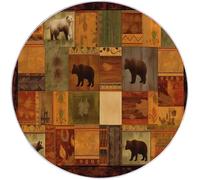 Short Pile Round Rug Retro Geometric Animals Bear Theme, 100 cm Non-Slip Round Area Carpet Machine Washable for Living Room Nursery Room Bedroom Playroom Entrance Decor - Brown