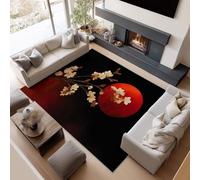 Short Pile Rugs for Living Room, Black and Red Rugs for Bedroom Machine Washable Non Slip Foldable Carpet, Cream-Colored Floral Red Sun Japanese Style Patterned Stain Resistant Floor Mat 160 x 230cm