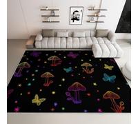 Short Pile Rugs for Living Room, Black Rugs for Bedroom Machine Washable Non Slip Foldable Carpet, Neon Colors Mushrooms Star Cartoons Rainbows Patterned Stain Resistant Floor Mat 80 x 150cm