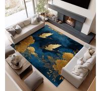 Short Pile Rugs for Living Room, Dark Blue Rugs for Bedroom Machine Washable Non Slip Foldable Carpet, Oriental Gold Floral And Bird Patterned Stain Resistant Floor Mat 120 x 180cm