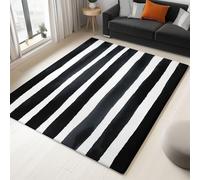 Short Pile Rugs for Living Room, Minimalism Rugs for Bedroom Machine Washable Non Slip Foldable Carpet, Black White Horizontal Striped Horizontal Lines Patterned Stain Resistant Floor Mat 120 x 180cm
