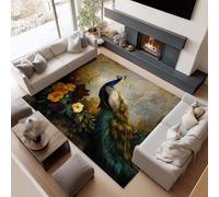 Short Pile Rugs for Living Room, Rugs for Bedroom Machine Washable Non Slip Foldable Carpet, Oil Painting Beautiful Peacock Patterned Stain Resistant Floor Mat 120 x 180cm