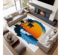 Short Pile Rugs for Living Room, Rugs for Bedroom Machine Washable Non Slip Foldable Carpet, Retro Sunset Palm Trees Ocean Waves Patterned Stain Resistant Floor Mat 120 x 180cm