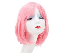 Short Pink Bob Wig Headpiece Fluffy Short Straight Bob Wig with Bangs for College Students Fluffy College Air Bangs with Full Headpiece