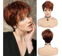 Short Pixie Cut Wig Copper Red Synthetic Wigs with Side Bang Dark Roots Ombre Wig for Women Natural Wave Hair-1-8inches