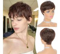 Short Pixie Cut Wigs Synthetic Coffee Brown Pixie Haircut Wig with Bangs Glueless Layered Wavy Wigs for Women (Dark Brwon)