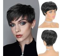Short Pixie Cut Wigs Synthetic Coffee Brown Pixie Haircut Wig with Bangs Glueless Layered Wavy Wigs for Women (Black)