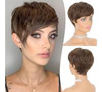 Short Pixie Cut Wigs Synthetic Coffee Brown Pixie Haircut Wig with Bangs Glueless Layered Wavy Wigs for Women (Light Brown)