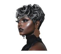 Short Pixie Wig For Black Women With Bangs Layered Style And Wavy Texture Suitable For Parties Cosplay And Other Occasions(Black highlights gray)