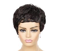 Short Pixie Wigs for Black Women，Cut Curly Wavy Synthetic Hair Wig with Bangs， Style Perm(Brown black)