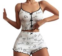 Short Pjs for Women Sets 2 Piece Heart Pjama Set Women Summer Cami Tops and Drawstring Shorts Pj Sets Elegant Crop Ribbed Tank Top Pyjamas Sleepwear Nightwear Ladies Comfy Soft Loungewear Homewear