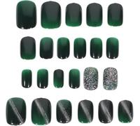 Short Press Nails Green Crystal Cat Eye Autumn Winter Wearable Fake Nails Manicure Accessories for Women, Ultra-thin and durable, And not easy to break, Feature shape and bright color design, You w...