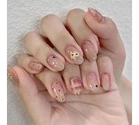 Short Press On Nails, 24-Piece Nude Pink Almond Fake Nails With Star Motifs | Glossy Translucent Finishes, Adhesive Tabs Included, Mixed Dot And Raised Grid Details, For Home Manicures And Casual Events