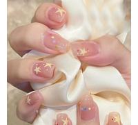 Short Press-On Nails, 24-Piece Translucent Pink Square Star And Dot Set | Glossy Finish, Cream Motifs With Multicoloured Details, Includes Jelly Adhesive Tabs, For Home Manicures And Social Occasions