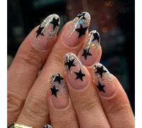 Short Press on Nails Almond - 24PCS Stick on Nails with Black Star Designs - Glitter French Tip False Nails with Glue - Glossy Glue on Nails in 12 Sizes - Full Cover Fake Nails for Women Daily Wear