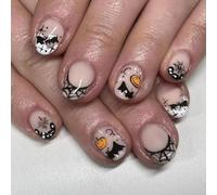 Short Press On Nails Almond - Halloween Fake Nails - 24pcs Halloween False Nails With Pumpkin Spider Web Design - Funny Reusable Glue Stick On Nails For Women Party Nail Decoration