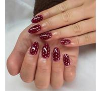Short Press-On Nails, Burgundy Polka Dot Almond False Nails, 24-Piece | Full-Cover Tips With A Glossy Finish, Curved-Line Detailing And Varied Widths, For Home Manicures And Social Events