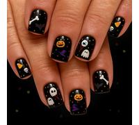 Short Press on Nails Halloween,Black Square Fake Nails,Cute Cartoon Pumpkin Ghost Design,Stick On Nails False Nails With Glue,Artificial Acrylic Full Cover for Nail Art Halloween Party