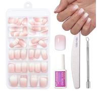 Short Press on Nails Set - 120PCS Ombre Oval False Nails - Nude White Fake nails with Glue - Stick on Nails for Women Girls - 12 Sizes Round Square Glue on nails Long Lasting for DIY Manicure