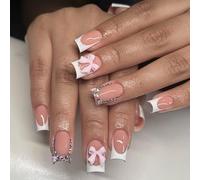 Short Press on Nails Square - Cute Fake Nails with 3D Bow Flower Diamond Design - 24Pcs Short Square False Nails with Glue - Removable Acrylic Stick on Nails for Women Valentine's day
