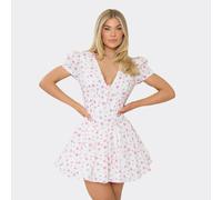 Short Puff Sleeve Mini Shift Dress In White Ditsy Floral Print, Women's Size UK 6