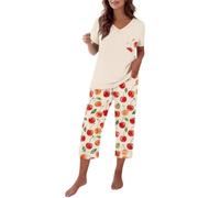 Short Pyjamas For Women 2 Piece Short Sleeve Floral Print Pyjama Set Soft Comfy Cotton V Neck Loungewear Tops and Capri Pants with Pockets Lightweight Breatheable Sleepwear Nightwear Red