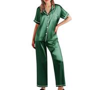 Short Pyjamas for Women Pyjamas Soft Satin Nightwear Ladies Pyjama Classic Short Sleeve Tops and Pjs Trousers Bottoms Two Piece Sets Cosy Pajama Outfits Silk Sleepwear Loungewear Co ord Sets Green