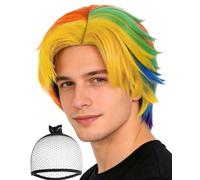 Short Rainbow Wig Colorful Wolf Cut Wig for Men Women Rainbow Pride Day Wigs Short Wolf Tail Wigs Fancy Scene Hair Multi-Color Cosplay Outfit for Halloween Party Cosplay Mardi Gras+Hair Cap