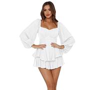 Short Romper for Women, Boho Lantern Long Sleeve Short Jumpsuit Off Shoulder Casual One Piece Chiffon Romper Dress Floral Print Sexy Ruffle Playsuit Overall Festival Outfit #White- long sleeve L