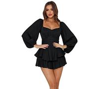 Short Romper for Women, Boho Lantern Long Sleeve Short Jumpsuit Off Shoulder Casual One Piece Ruffle Chiffon Romper Dress Floral Print Sexy Ruffle Playsuit Overall Festival Outfit Black-lomg sleeve XL