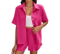 Short Sets for Women Womens Two Piece Outfits Linen Coord UK Side Split Ladies Travel Co Ord Summer and T-Shirt Set Cotton 2 Pieces Outfit Trouser Shorts Top with Pockets Co-Ord Hot Pink