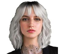 Short Silver Hair Wig for Women Ombre with Bangs Bob White Synthetic Hair With Dark Roots Water Wave Natural Looking for Daily and Party （10 Inches） (light color)