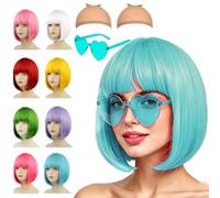 Short Sky Blue Bob Wigs for Women,4 Pack Womens Light Blue Wig Set with Sunglass Cap,Coloured Wig Neon Fancy Dress Accessory Cosplay Party Wigs Flat Bangs,Synthetic Straight for Halloween Decorations