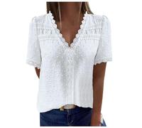 Short Sleeve Blouses for Women UK Broderie Anglaise Tops Elegant Ladies Tops Lace Cutout Patchwork Shirts Womens V Neck Puff T-Shirt Blouse Shirts Summer Plus Size Casual Loose T-Shirt White