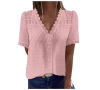 Short Sleeve Blouses for Women UK Broderie Anglaise Tops Elegant Ladies Tops Lace Cutout Patchwork Shirts Womens V Neck Puff T-Shirt Blouse Shirts Summer Plus Size Casual Loose T-Shirt Pink