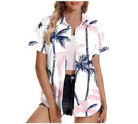 Short Sleeve Blouses for Women UK Hawaiian Shirt Tropical Floral Print Summer Shirts V-Neck Collared Button Down Blouse Casual Office Work Tops for Women Ladies Elegant Loose Fit Tunic Top