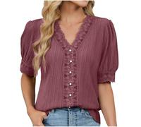 Short Sleeve Blouses for Women UK Lace Shirts V Neck Button Shirt Office Work Tops Floral Lace Elegant Blouse Casual Loose Tops Summer Spring Blouse Tee Shirts Wine