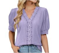 Short Sleeve Blouses for Women UK Lace Shirts V Neck Button Shirt Office Work Tops Floral Lace Elegant Blouse Casual Loose Tops Summer Spring Blouse Tee Shirts Purple