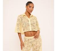 Short Sleeve Button Front Boxy Cropped Shirt In Lemon Crochet Lace, Women's Size UK 8