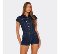 Short Sleeve Button Front Micro Playsuit In Indigo Blue Denim, Women's Size UK 10