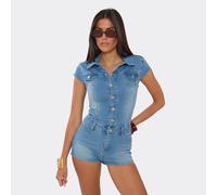 Short Sleeve Button Up Front Micro Playsuit In Mid Blue Denim, Women's Size UK 8