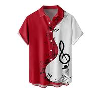 Short Sleeve Button Up Shirt Men, Summer Cool Shirts/Beach Shirt with Lapel Collar Music Note Prints Shirts Tops Lightweight Breathable Short Shirt Blouse, Mens Summer Holiday T Shirt Red
