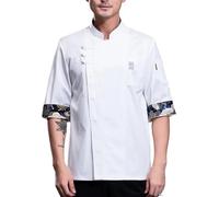 Short Sleeve Chef Jacket Men Women Print Pattern Stretchy Kitchen Jacket Waiter Shirt(Size:5XL,Color:White Men)