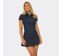 Short Sleeve Collared Button Detail Skater Mini Dress In Indigo Denim, Women's Size UK 8
