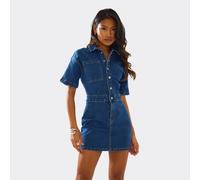 Short Sleeve Collared Button Down Front Detail Mini Dress In Mid Blue Denim, Women's Size UK 10