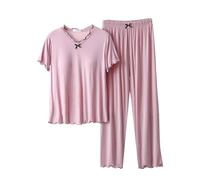 Short Sleeve Cotton Long Leg Pyjamas For Women - Modal Pyjamas Womens Cuffed Set - 2 Pack Pyjamas Set V Neck T Shirt With Bra Support Lightweight Matching Set Lounge Set Sleepwear Summer Nightie