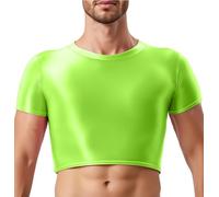 Short Sleeve Half Top for Men Sexy Muscle See Through Sheer Round Neck Crop Top Shiny Glossy Oil Shirt Sexy Club Party Undershirt Clubwear Green L