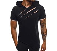 Short Sleeve Hoodies for Men Hipster Hip Hop Ripped Tshirts Shirts Summer Casual Athletic Pullover Tops Workout Tees Camisetas Sin Mangas para Hombres(Black, L)