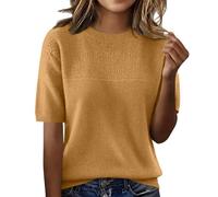 Short Sleeve Jumpers for Women Crew Neck Sweaters Textured Cable Knit Elegant Jumper Lightweight Spring Summer Pullover T-Shirt Tunic Top Ladies Shirts Everyday Outfits Khaki