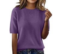 Short Sleeve Jumpers for Women Crew Neck Sweaters Textured Cable Knit Elegant Jumper Lightweight Spring Summer Pullover T-Shirt Tunic Top Ladies Shirts Everyday Outfits Purple